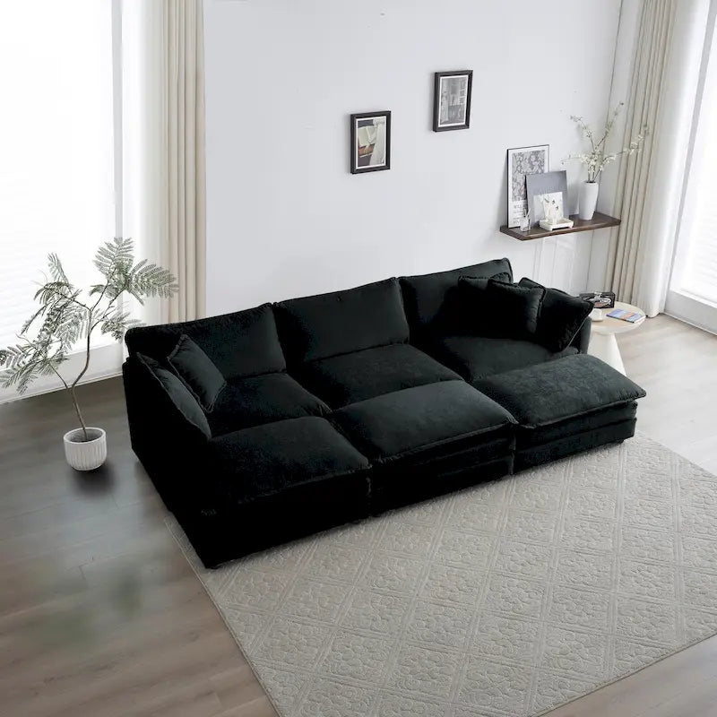 Canapé d'angle en U 6 places avec 3 poufs et coussins