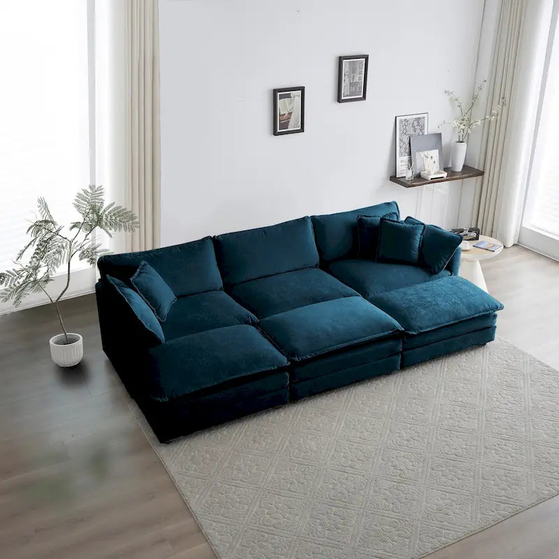Canapé d'angle en U 6 places avec 3 poufs et coussins
