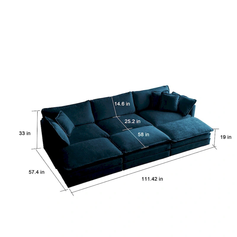 Canapé d'angle en U 6 places avec 3 poufs et coussins