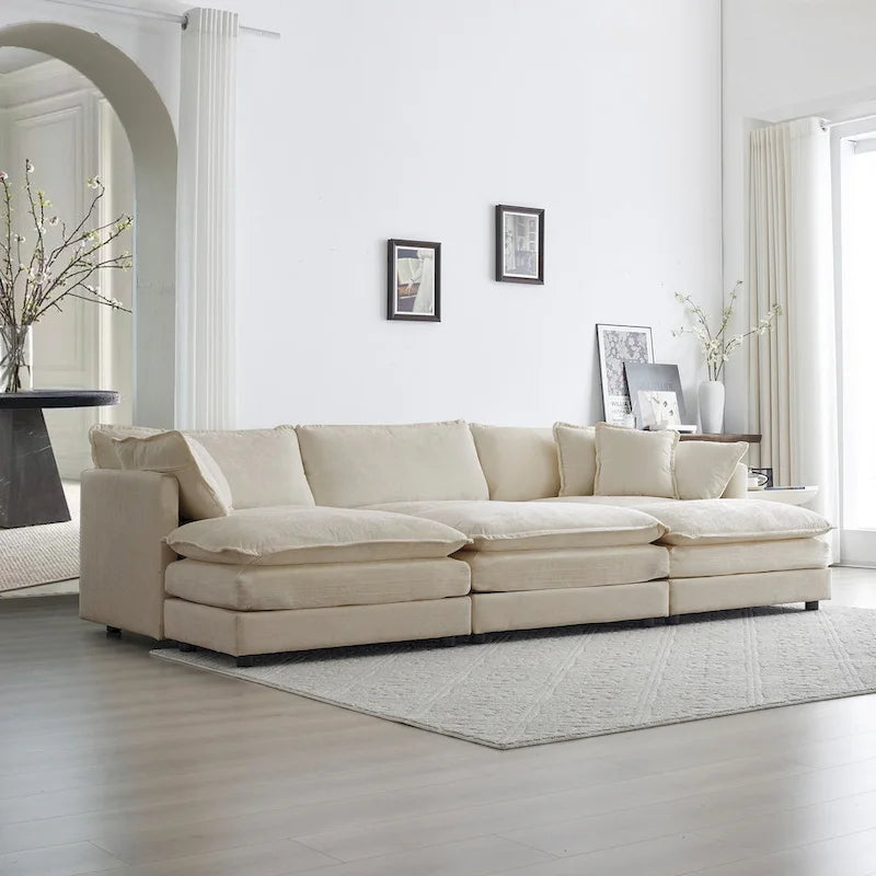 Canapé d'angle en U 6 places avec 3 poufs et coussins