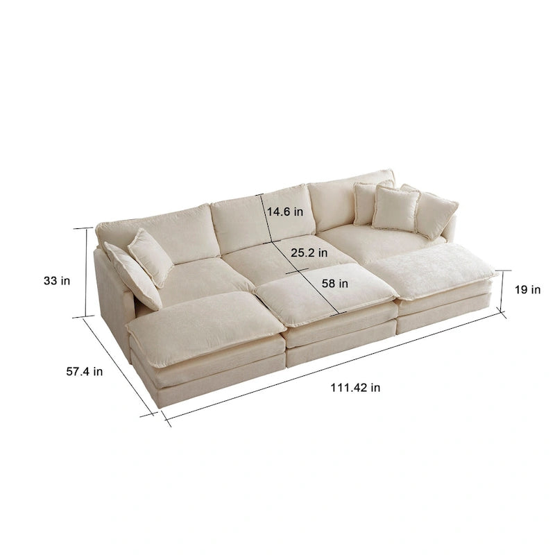 Canapé d'angle en U 6 places avec 3 poufs et coussins