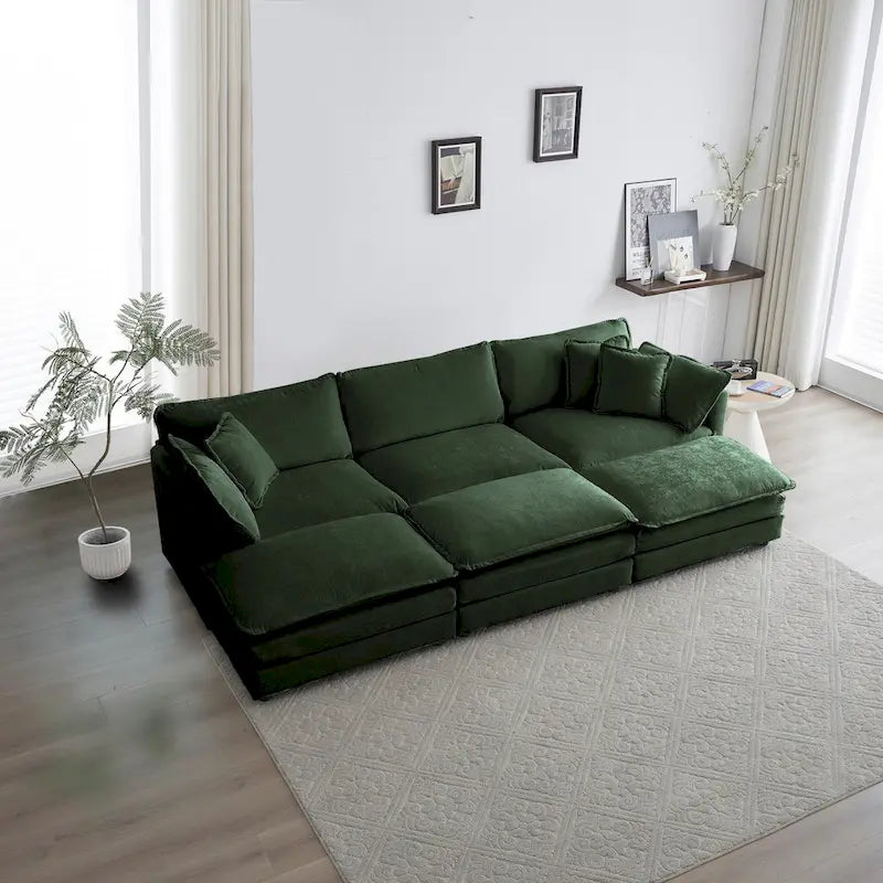 Canapé d'angle en U 6 places avec 3 poufs et coussins