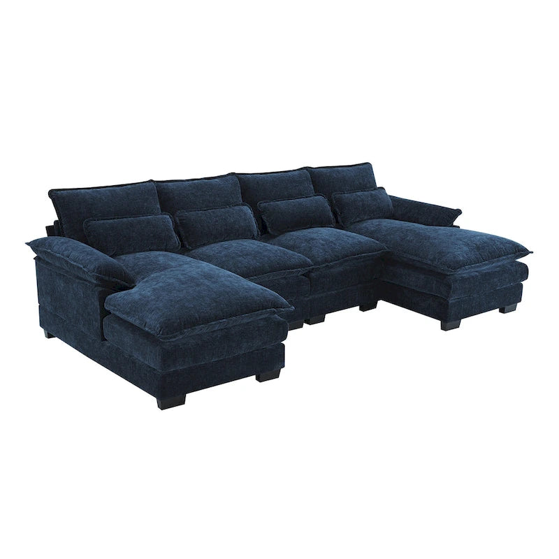 Canapé d'angle convertible 6 places en chenille bleue avec méridienne