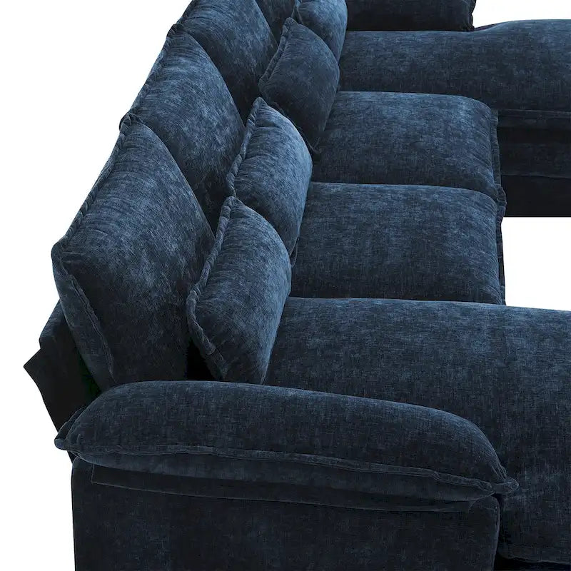 Canapé d'angle convertible 6 places en chenille bleue avec méridienne