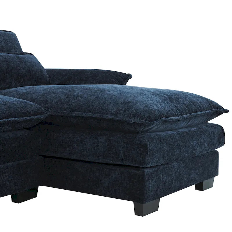 Canapé d'angle convertible 6 places en chenille bleue avec méridienne