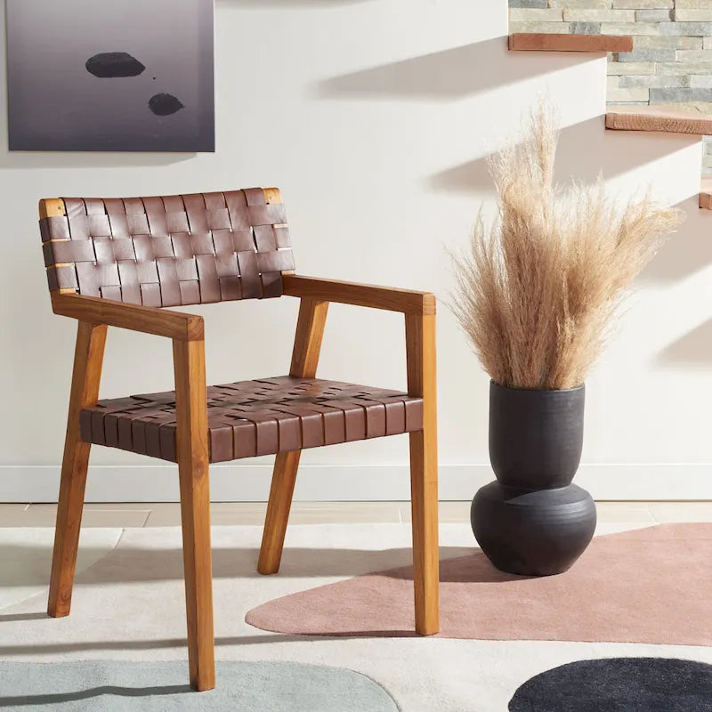 Chaise de salle à manger SAFAVIEH Gerda en cuir tressé - 56 cm (L) x 53 cm (l) x 81 cm (H) - 56 cm (L) x 53 cm (P) x 81 cm (H)