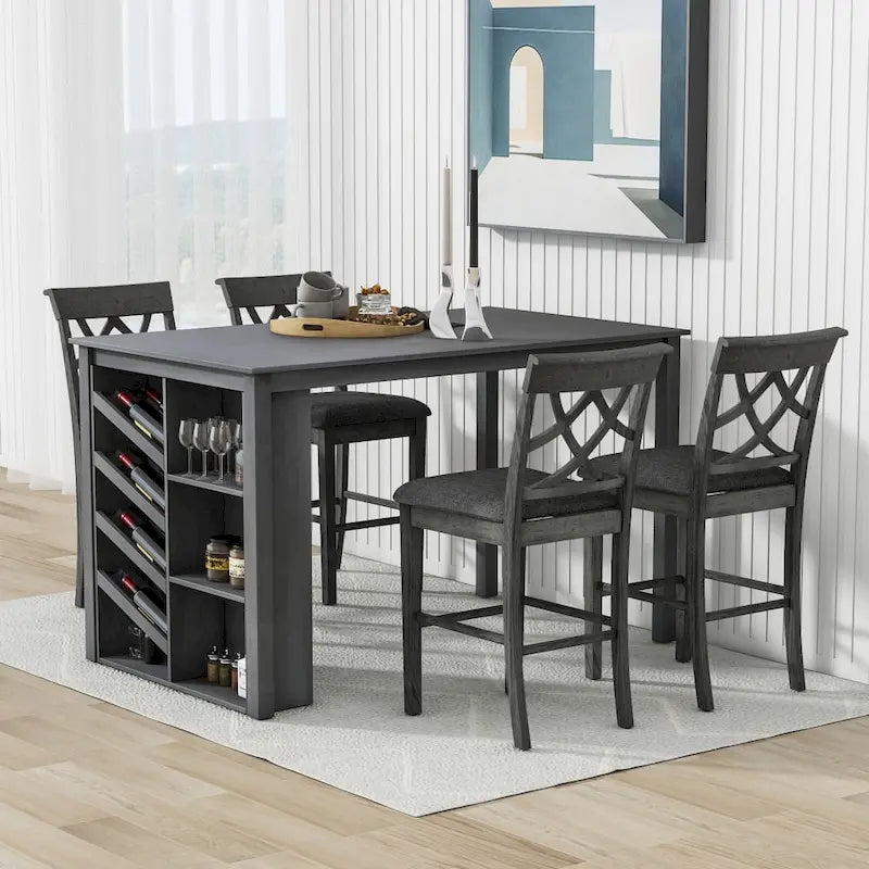 Ensemble de salle à manger 5 pièces hauteur comptoir avec casier à vin, 4 chaises rembourrées