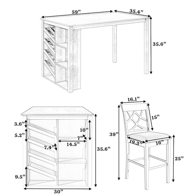 Ensemble de salle à manger 5 pièces hauteur comptoir avec casier à vin, 4 chaises rembourrées