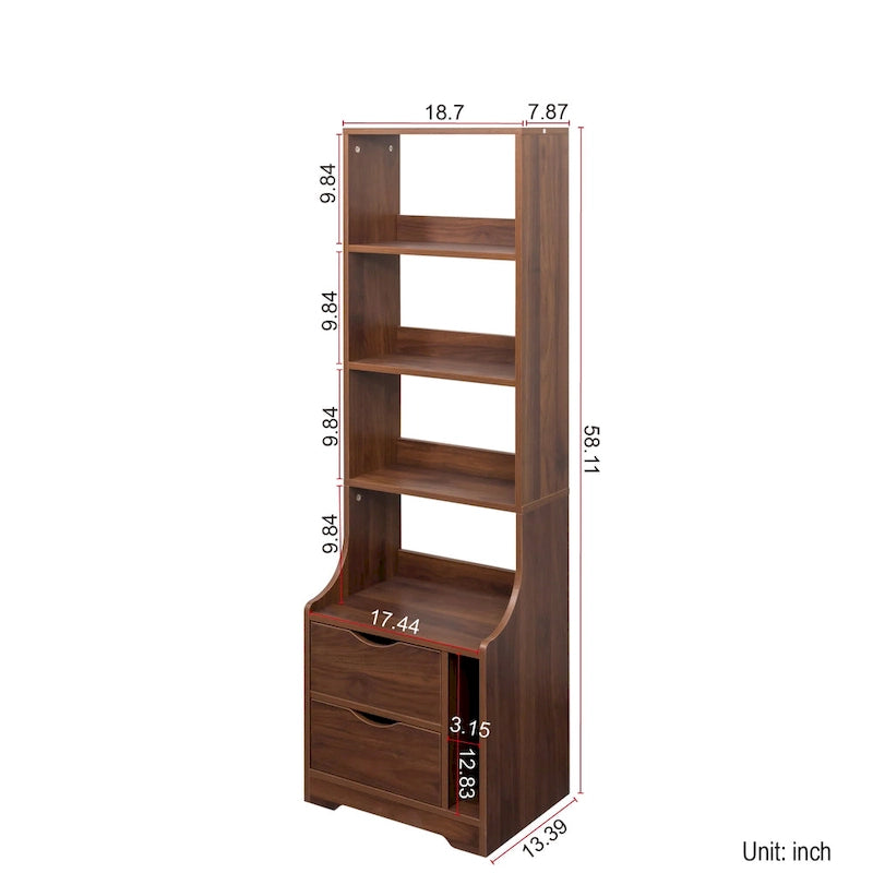 2-Drawer Tall Nightstand Bedside Table with Bookshelf Side Tables with Storage Shelves