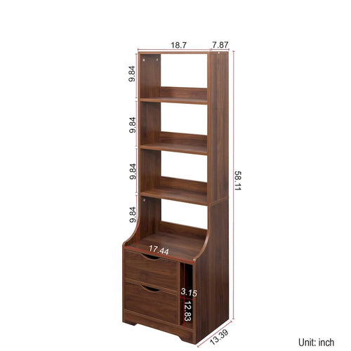2-Drawer Tall Nightstand Bedside Table with Bookshelf Side Tables with Storage Shelves