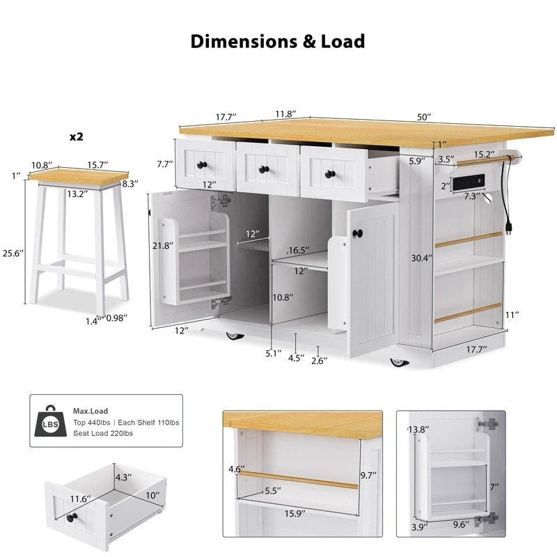 Îlot de cuisine Frost de 53 pouces avec plateau rabattable