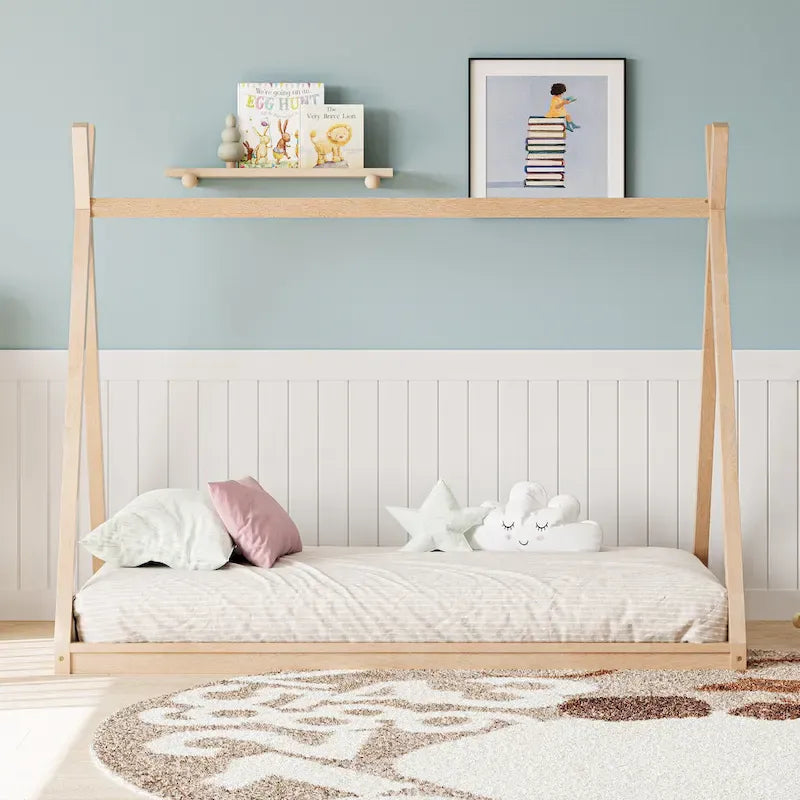 Lit tente Montessori en bois pour deux personnes - Cadre de lit bas en forme de maison pour enfants/adolescents - Conception sans lattes pour chambres de garçons et de filles