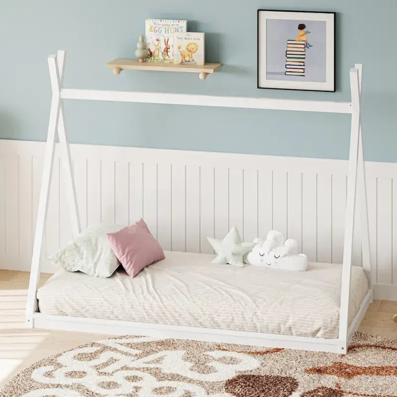 Lit tente Montessori en bois pour deux personnes - Cadre de lit bas en forme de maison pour enfants/adolescents - Conception sans lattes pour chambres de garçons et de filles