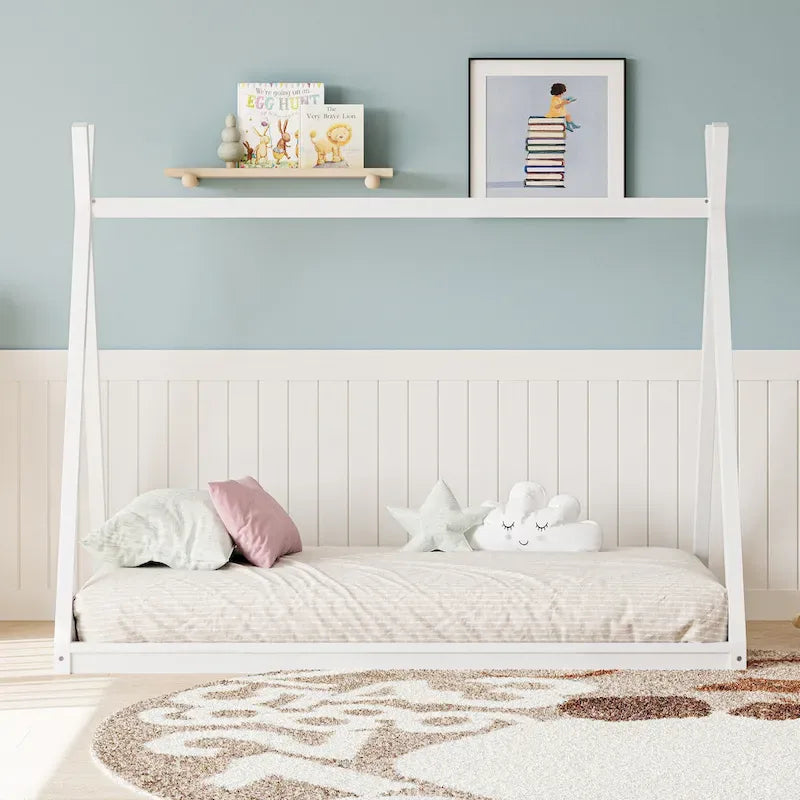 Lit tente Montessori en bois pour deux personnes - Cadre de lit bas en forme de maison pour enfants/adolescents - Conception sans lattes pour chambres de garçons et de filles