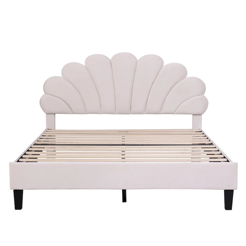 Lit plateforme moderne Queen Size, cadre de lit recouvert de velours avec tête de lit à motif floral et sommier à lattes en bois massif