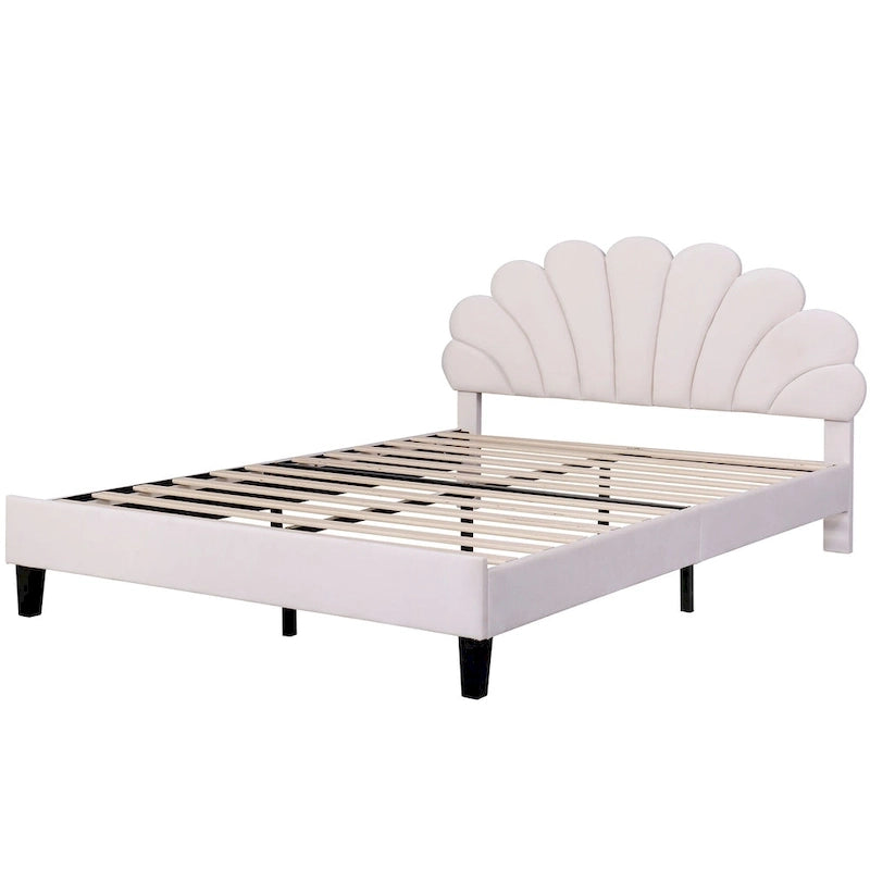 Lit plateforme moderne Queen Size, cadre de lit recouvert de velours avec tête de lit à motif floral et sommier à lattes en bois massif