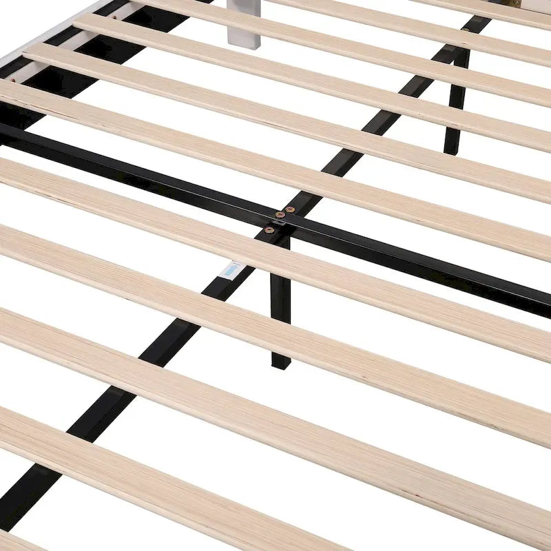 Lit plateforme moderne Queen Size, cadre de lit recouvert de velours avec tête de lit à motif floral et sommier à lattes en bois massif