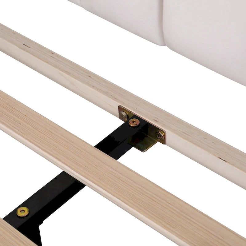 Lit plateforme moderne Queen Size, cadre de lit recouvert de velours avec tête de lit à motif floral et sommier à lattes en bois massif