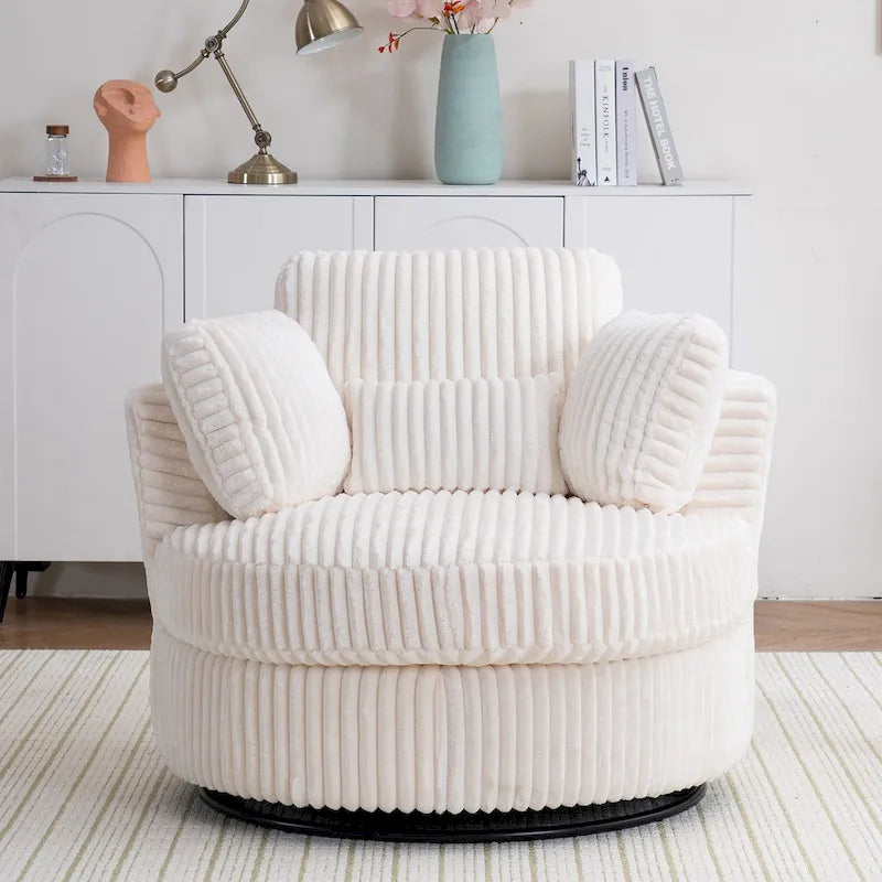 Fauteuil d'appoint pivotant à 360 degrés surdimensionné, style moderne, en velours côtelé doux et moelleux, de forme arrondie, idéal pour le salon ou la chambre à coucher, avec coussins.