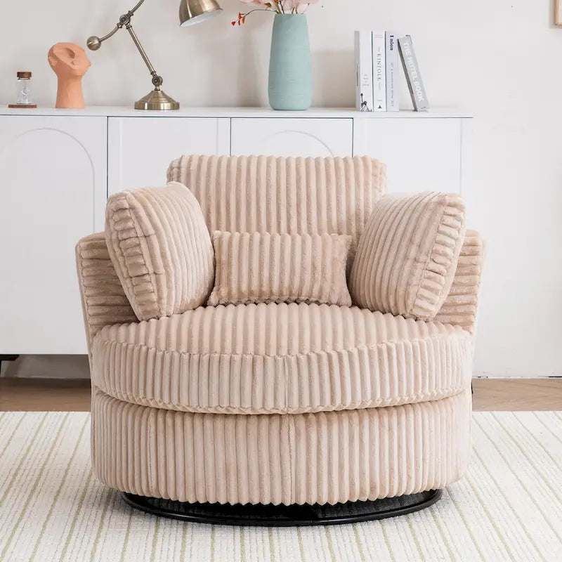Fauteuil d'appoint pivotant à 360 degrés surdimensionné, style moderne, en velours côtelé doux et moelleux, de forme arrondie, idéal pour le salon ou la chambre à coucher, avec coussins.