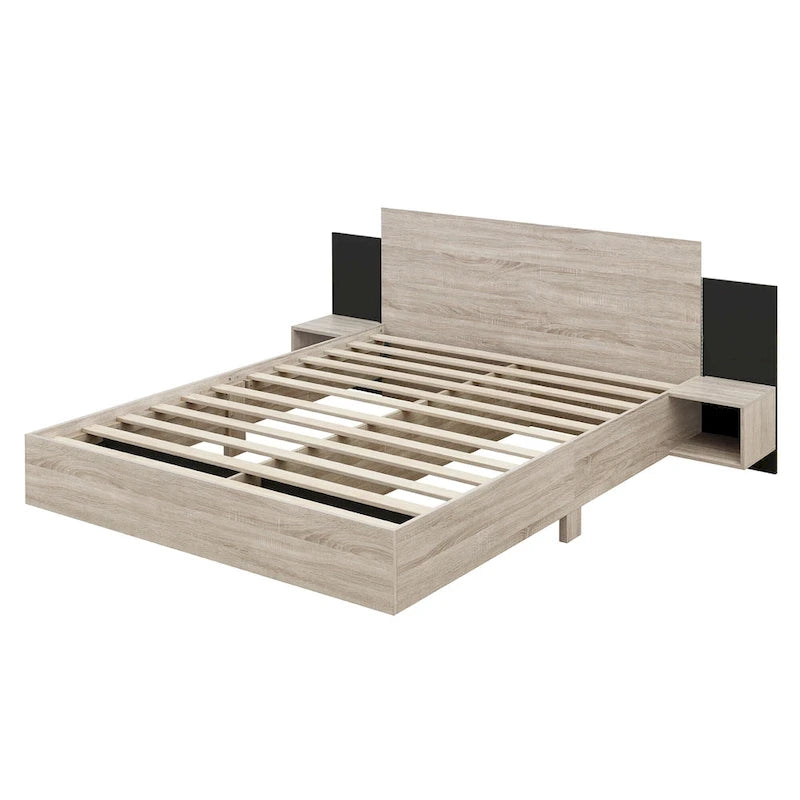Lit plateforme moderne en bois avec cadre de lit Queen, 2 tables de chevet et éclairage LED, sans sommier.