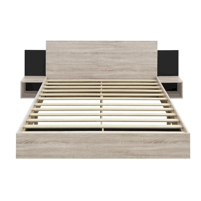 Lit plateforme moderne en bois avec cadre de lit Queen, 2 tables de chevet et éclairage LED, sans sommier.