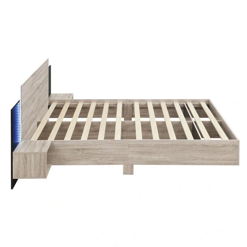 Lit plateforme moderne en bois avec cadre de lit Queen, 2 tables de chevet et éclairage LED, sans sommier.