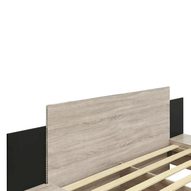 Lit plateforme moderne en bois avec cadre de lit Queen, 2 tables de chevet et éclairage LED, sans sommier.