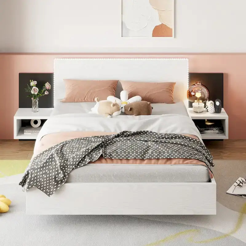 Lit plateforme moderne en bois avec cadre de lit Queen, 2 tables de chevet et éclairage LED, sans sommier.