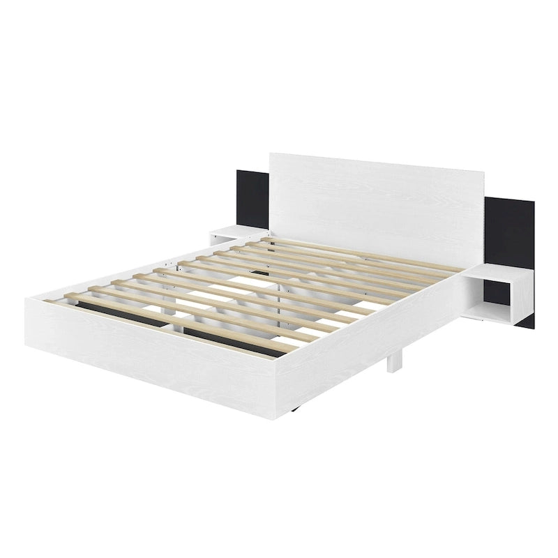 Lit plateforme moderne en bois avec cadre de lit Queen, 2 tables de chevet et éclairage LED, sans sommier.