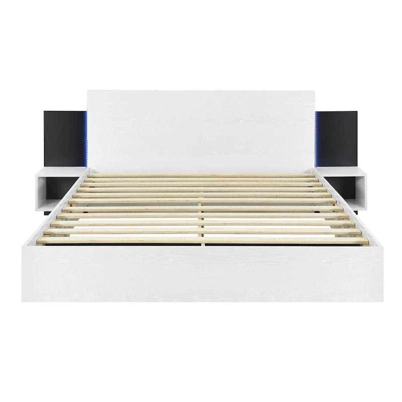 Lit plateforme moderne en bois avec cadre de lit Queen, 2 tables de chevet et éclairage LED, sans sommier.