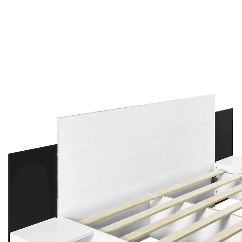 Lit plateforme moderne en bois avec cadre de lit Queen, 2 tables de chevet et éclairage LED, sans sommier.