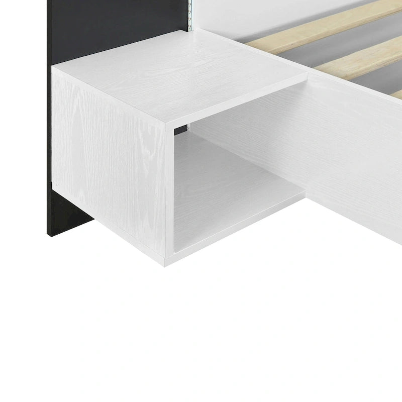 Lit plateforme moderne en bois avec cadre de lit Queen, 2 tables de chevet et éclairage LED, sans sommier.