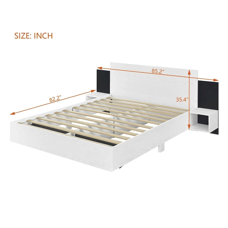 Lit plateforme moderne en bois avec cadre de lit Queen, 2 tables de chevet et éclairage LED, sans sommier.