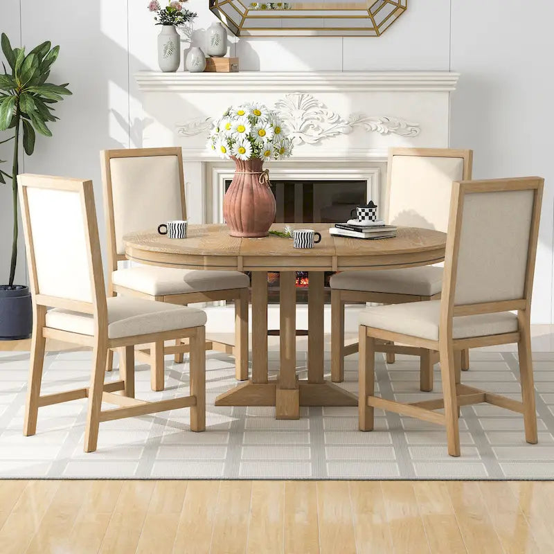 Ensemble table et chaises de salle à manger rustiques de style campagnard. Table ronde extensible avec plateau réglable pour salle à manger.
