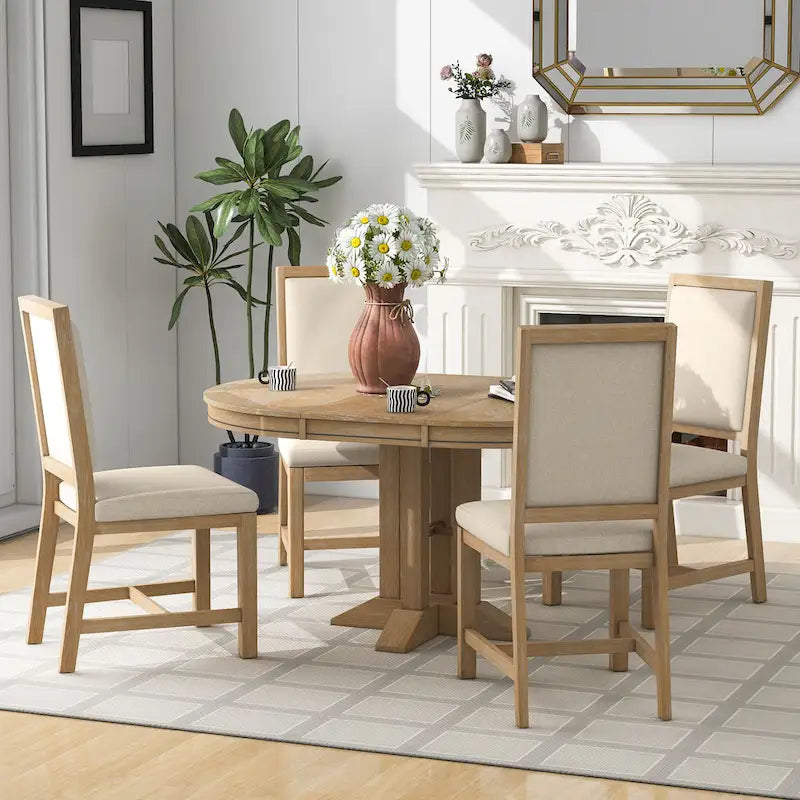 Ensemble table et chaises de salle à manger rustiques de style campagnard. Table ronde extensible avec plateau réglable pour salle à manger.