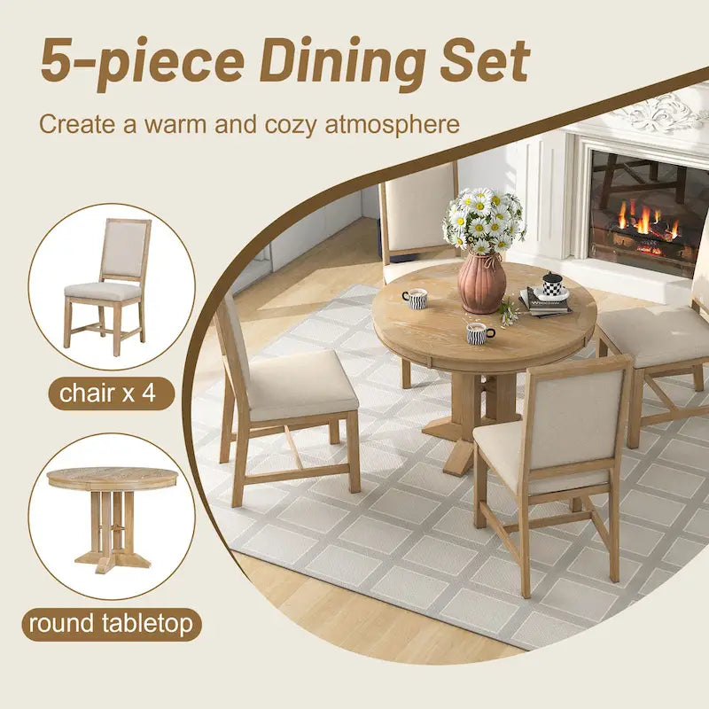 Ensemble table et chaises de salle à manger rustiques de style campagnard. Table ronde extensible avec plateau réglable pour salle à manger.
