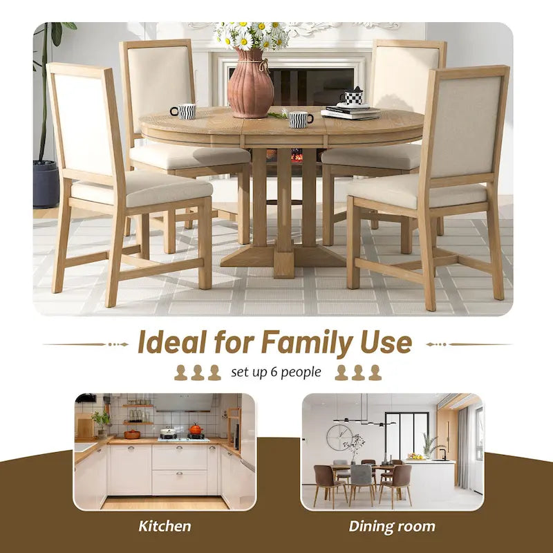 Ensemble table et chaises de salle à manger rustiques de style campagnard. Table ronde extensible avec plateau réglable pour salle à manger.
