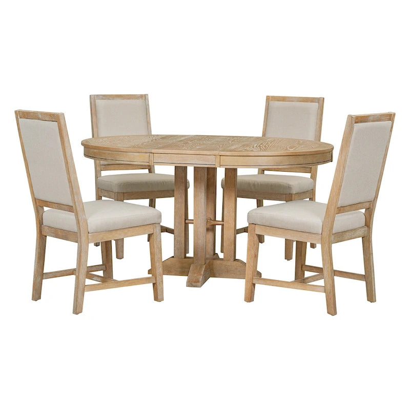 Ensemble table et chaises de salle à manger rustiques de style campagnard. Table ronde extensible avec plateau réglable pour salle à manger.