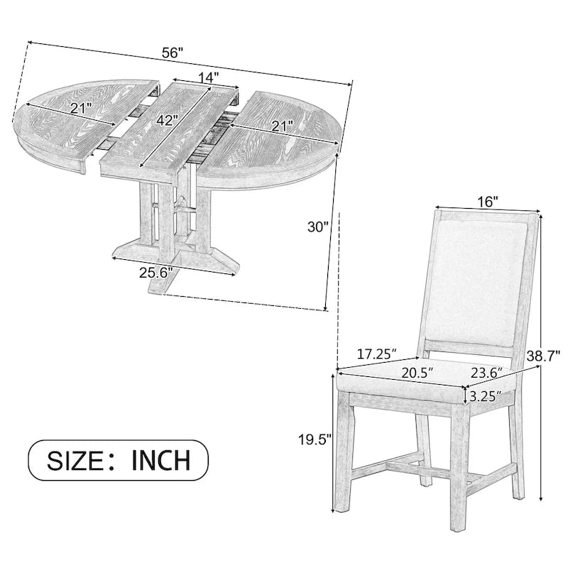 Ensemble table et chaises de salle à manger rustiques de style campagnard. Table ronde extensible avec plateau réglable pour salle à manger.