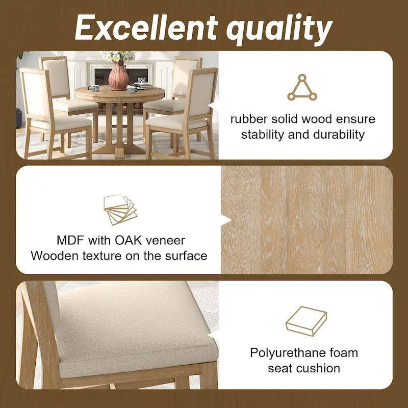 Ensemble table et chaises de salle à manger rustiques de style campagnard. Table ronde extensible avec plateau réglable pour salle à manger.
