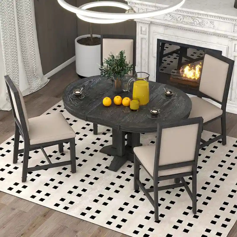 Ensemble table et chaises de salle à manger rustiques de style campagnard. Table ronde extensible avec plateau réglable pour salle à manger.