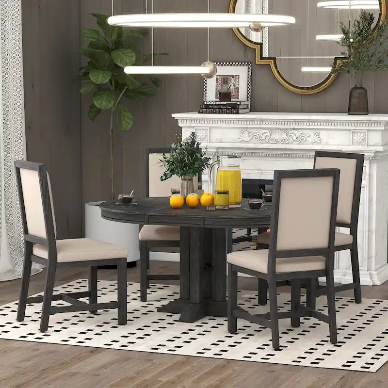 Ensemble table et chaises de salle à manger rustiques de style campagnard. Table ronde extensible avec plateau réglable pour salle à manger.