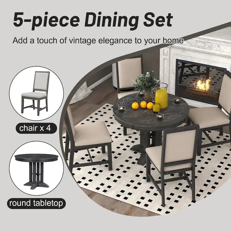 Ensemble table et chaises de salle à manger rustiques de style campagnard. Table ronde extensible avec plateau réglable pour salle à manger.