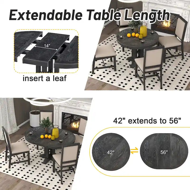 Ensemble table et chaises de salle à manger rustiques de style campagnard. Table ronde extensible avec plateau réglable pour salle à manger.