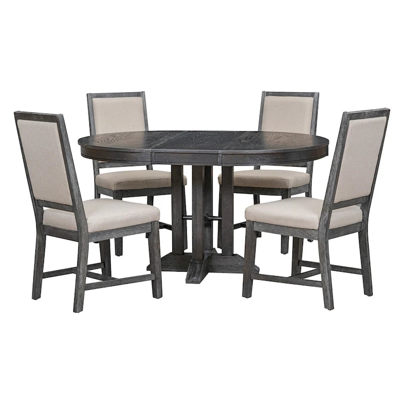 Ensemble table et chaises de salle à manger rustiques de style campagnard. Table ronde extensible avec plateau réglable pour salle à manger.
