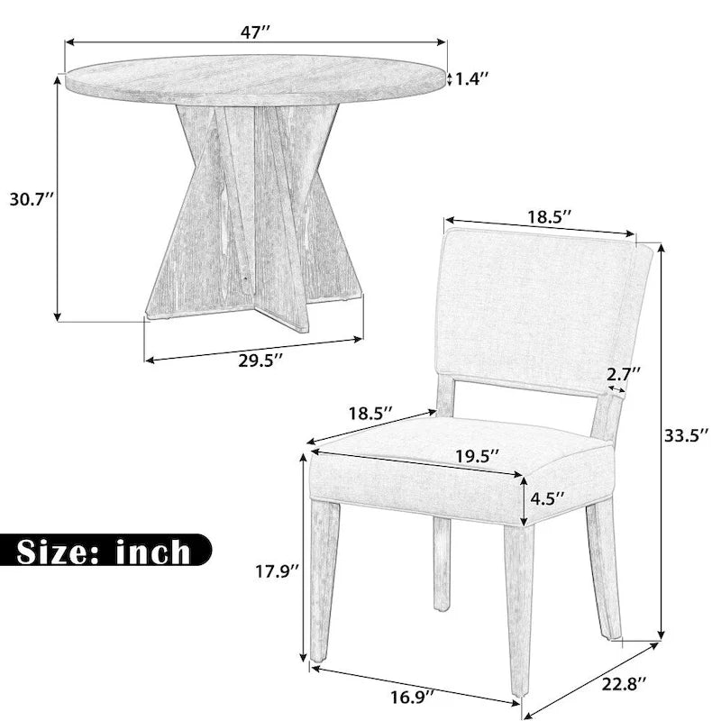 Ensemble de salle à manger rond en bois d'extérieur 5 pièces avec 4 chaises rembourrées