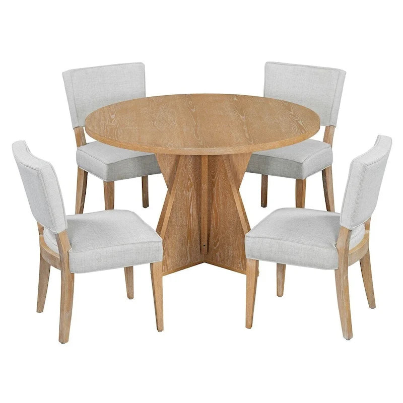 Ensemble de salle à manger rond en bois d'extérieur 5 pièces avec 4 chaises rembourrées