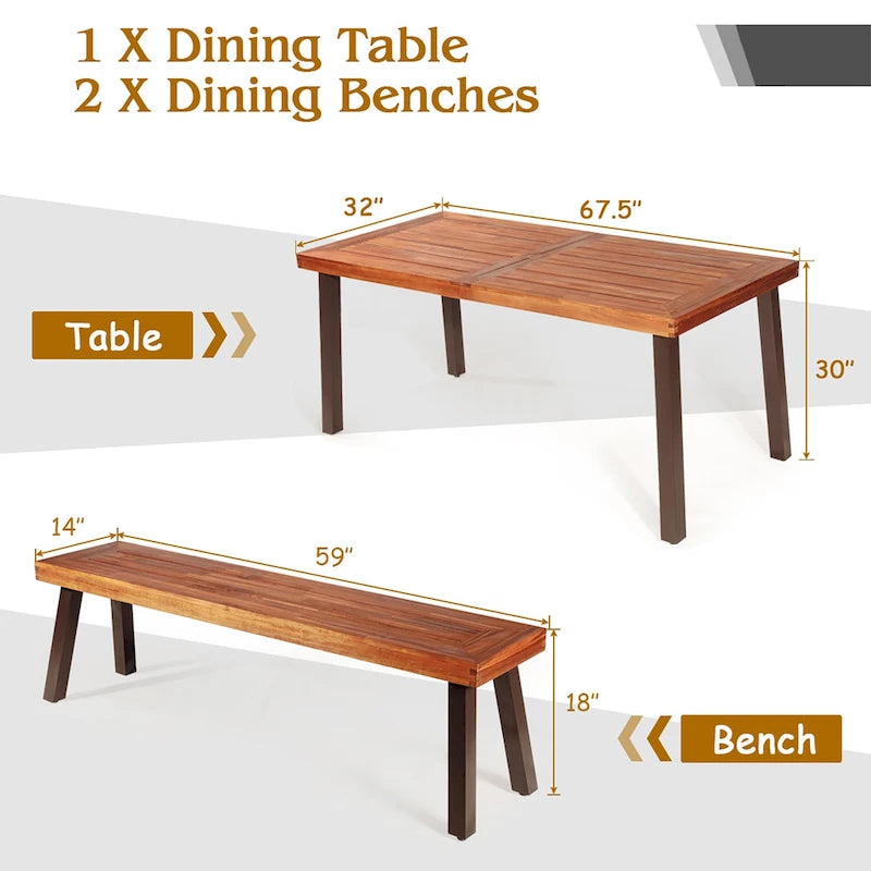 Ensemble table de pique-nique Costway 3 pièces, table et banc en bois d'acacia avec structure en acier