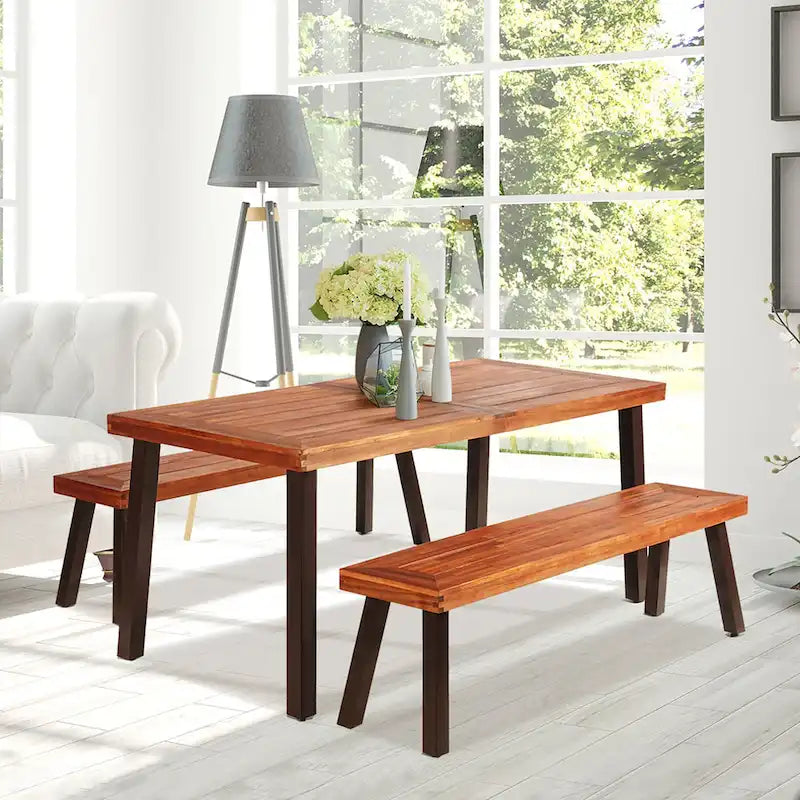 Ensemble table de pique-nique Costway 3 pièces, table et banc en bois d'acacia avec structure en acier
